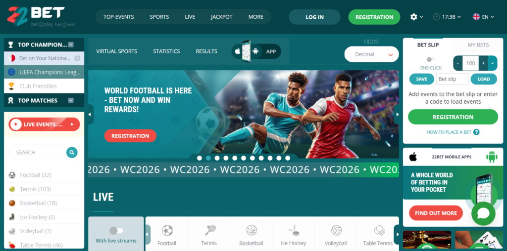22bet homepage on desktop screenshot